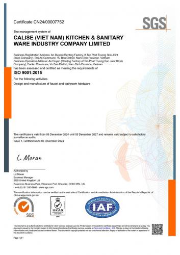 Certificate of Kailes (Vietnam) Kitchen and Bath Industry Co., Ltd